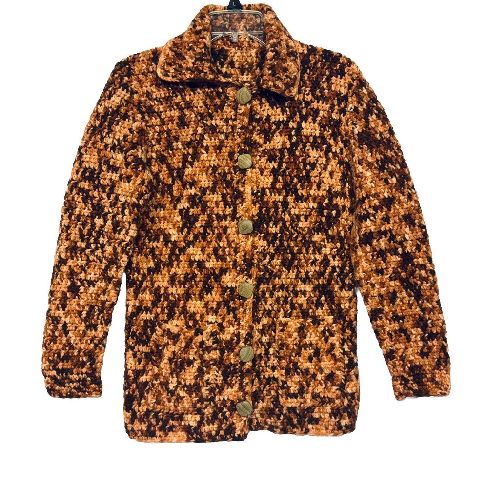 Vintage Handmade Crochet Cardigan Sweater w Collar Wooden Buttons Pockets S / M